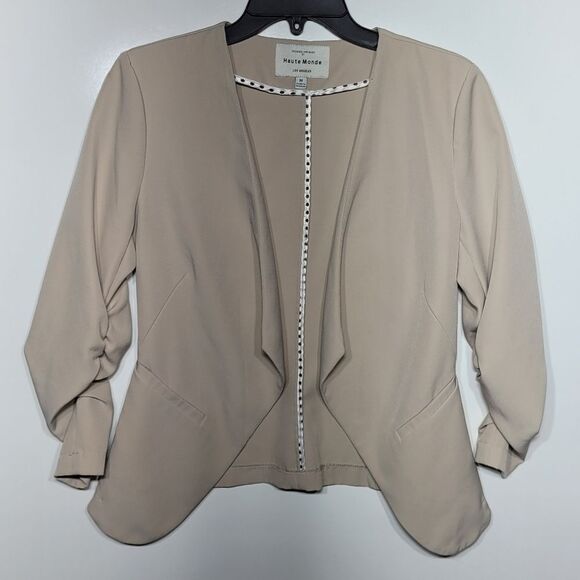 M HAUTE MONDE NEUTRAL STRETCH GATHERED SLEEVES OPEN BLAZER JACKET MEDIUM - Picture 1 of 4